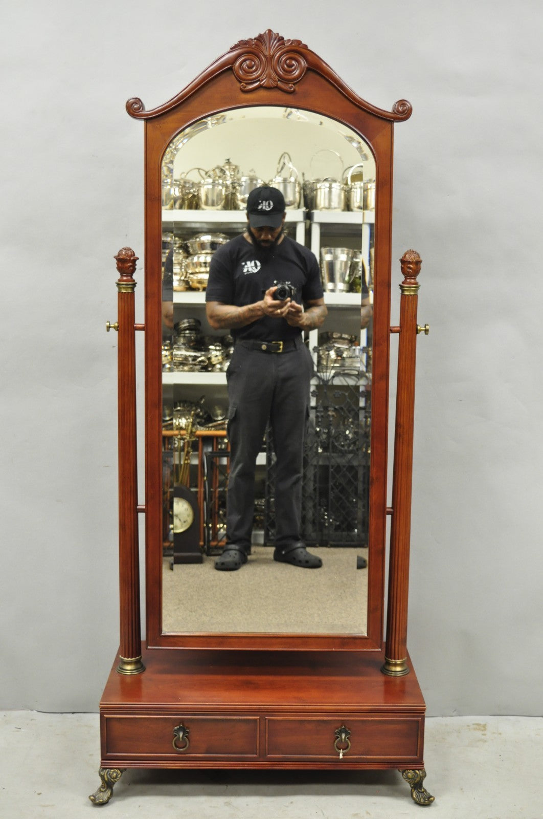 Bombay Company Cherry Wood Victorian Style Standing Cheval Mirror with Drawer