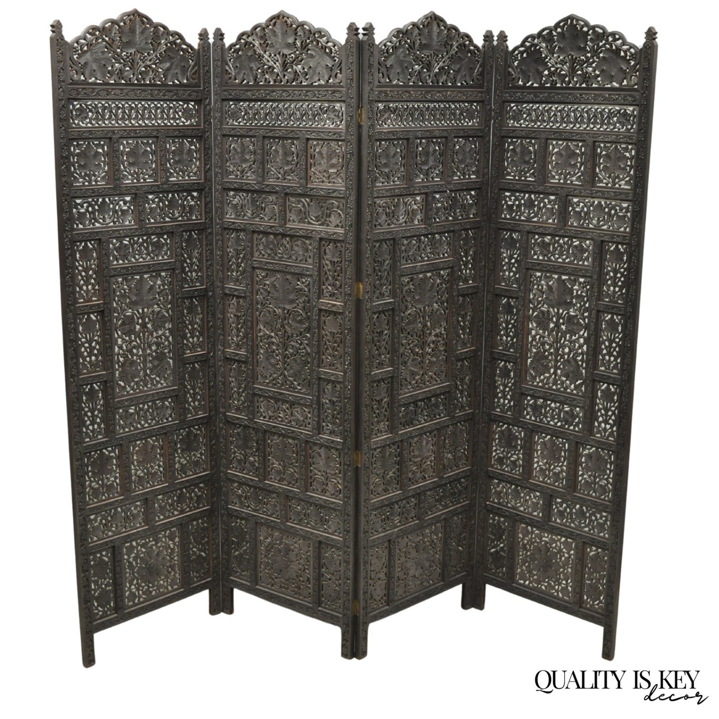 Vintage Anglo Indian Carved Teak Wood 4 Panel Room Divider Folding Screen