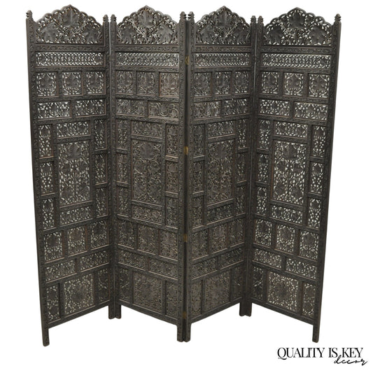 Vintage Anglo Indian Carved Teak Wood 4 Panel Room Divider Folding Screen