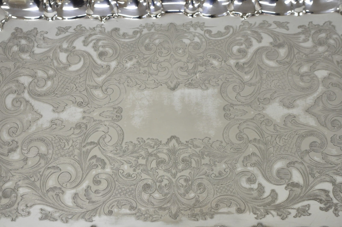 Vintage English Silver Mfg Co Silver Plated Footed Serving Platter Bar Tray