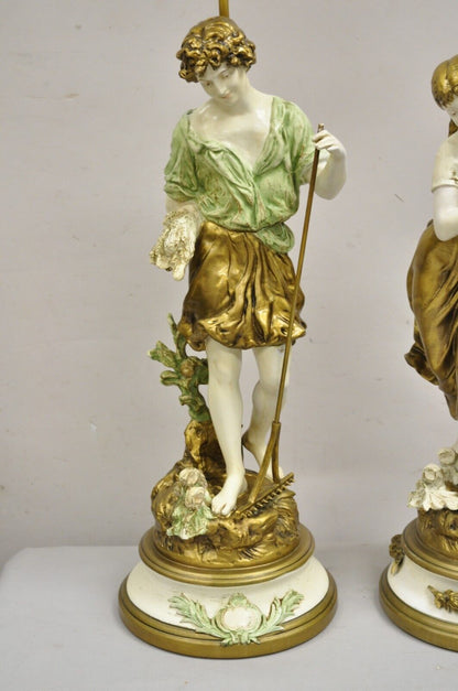 Vintage French Renaissance Moreau Metal Boy and Girl Figural Table Lamp - a Pair