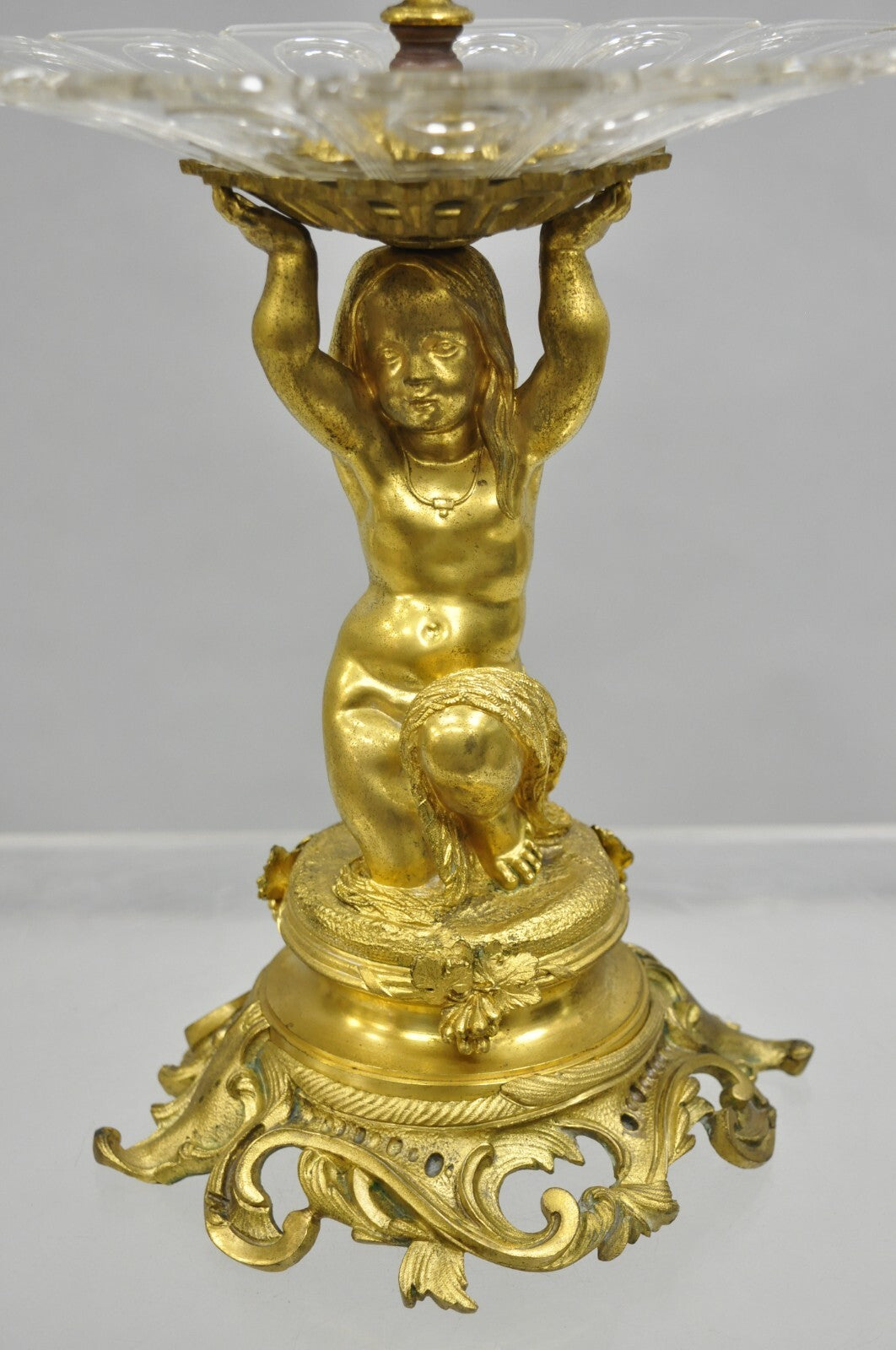 French Baroque Louis XV Gold Gilt Bronze Cherub & Glass 2 Tier Candy Dish Stand