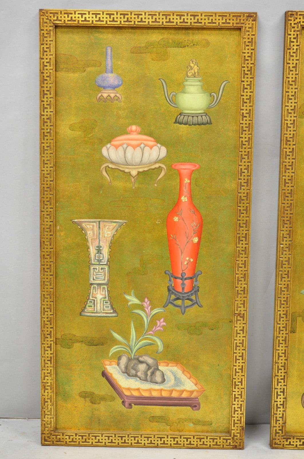 Vintage Chinoiserie Gold Hand Painted Chinese Vase Wall Panel Plaque - a Pair