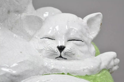 Vintage Italian Hollywood Regency Glazed Terracotta Statue Two Cats on Pillow