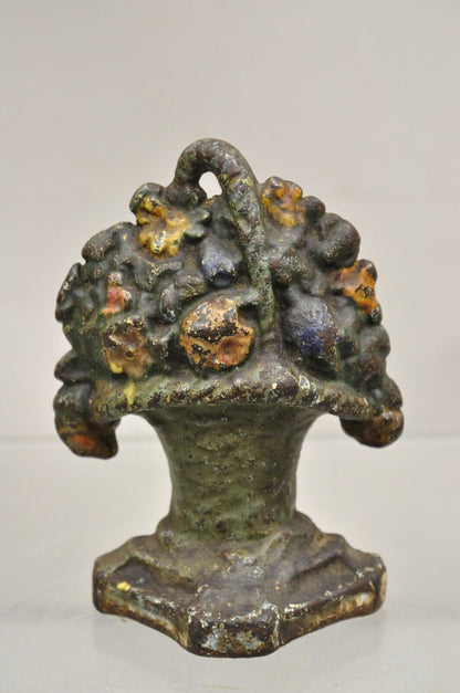 Antique Victorian Cast Iron Small Painted Orange Floral Bouquet Basket Door Stop