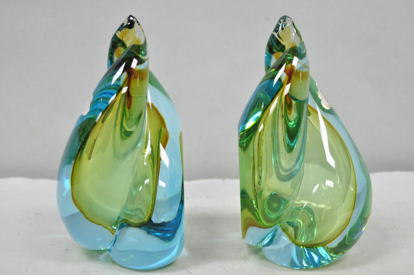 Mid Century Modern Alfredo Barbini Murano Italy Blue Art Glass Flame Bookends