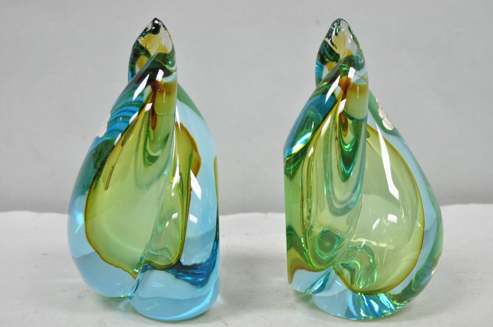 Mid Century Modern Alfredo Barbini Murano Italy Blue Art Glass Flame Bookends