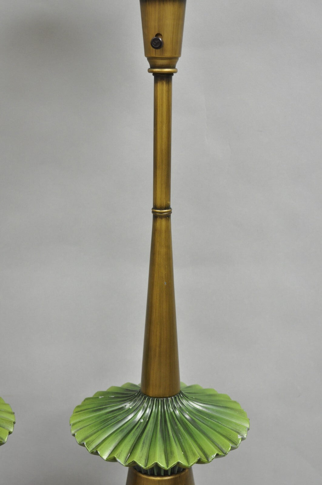 Vintage Mid Century Modern Atomic Era Green Flying Saucer Gold Table Lamp - Pair