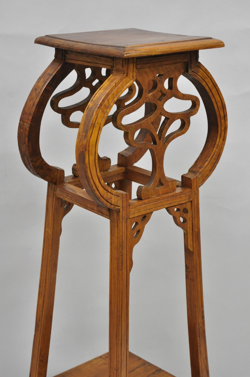 Vintage French Art Nouveau Style Carved Teak Pedestal Plant Stand Side Table