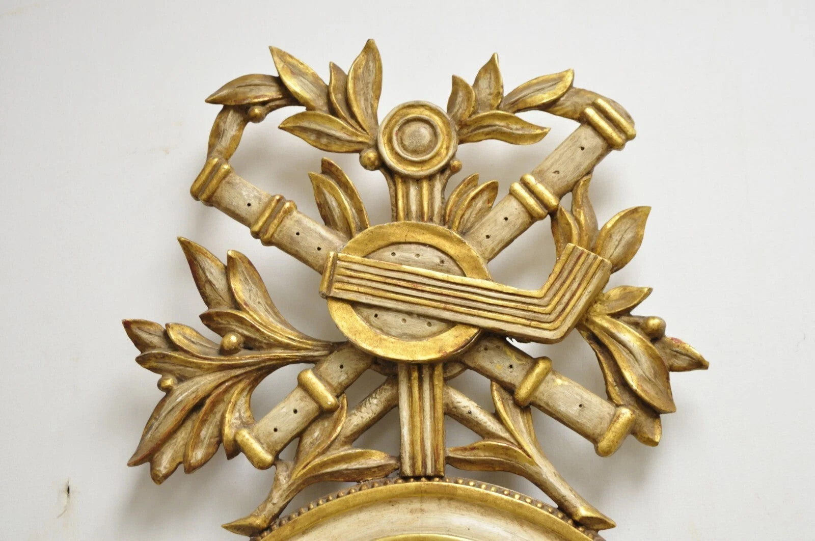 Antique Italian Regency Carved Wood Round Cream & Gold Wall Mirror by M Grieve