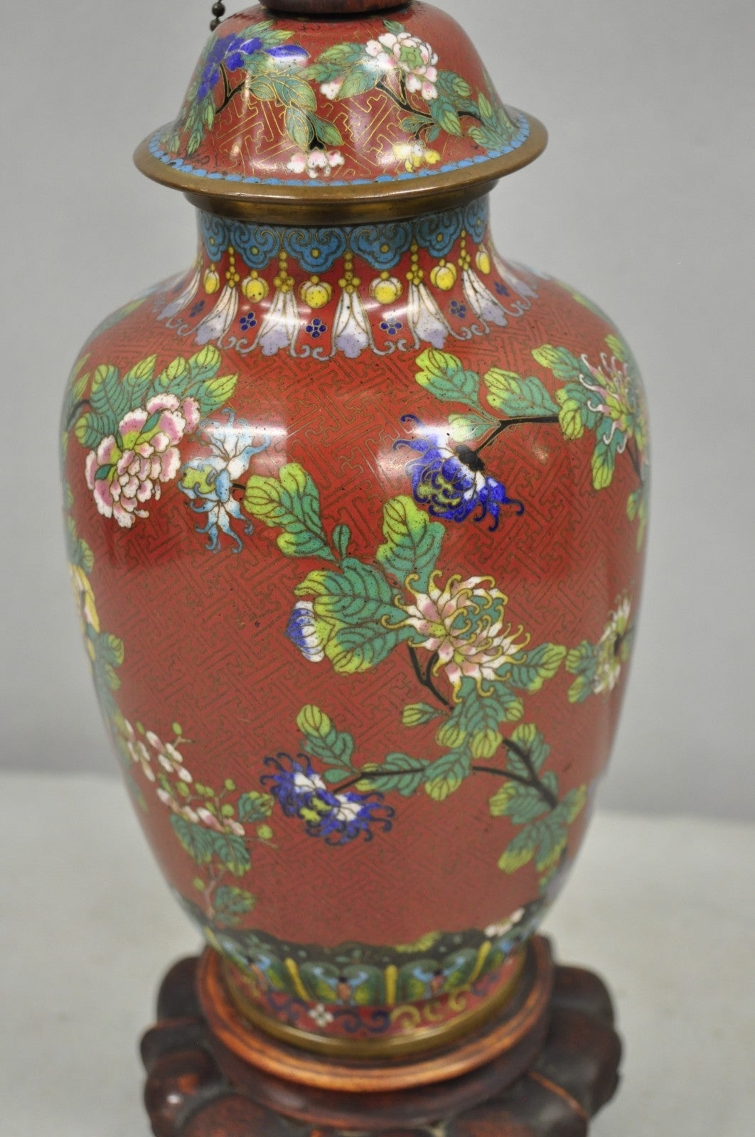 Vintage Chinese Porcelain Enamel Bronze Red Cloisonne Champleve Vase Table Lamp