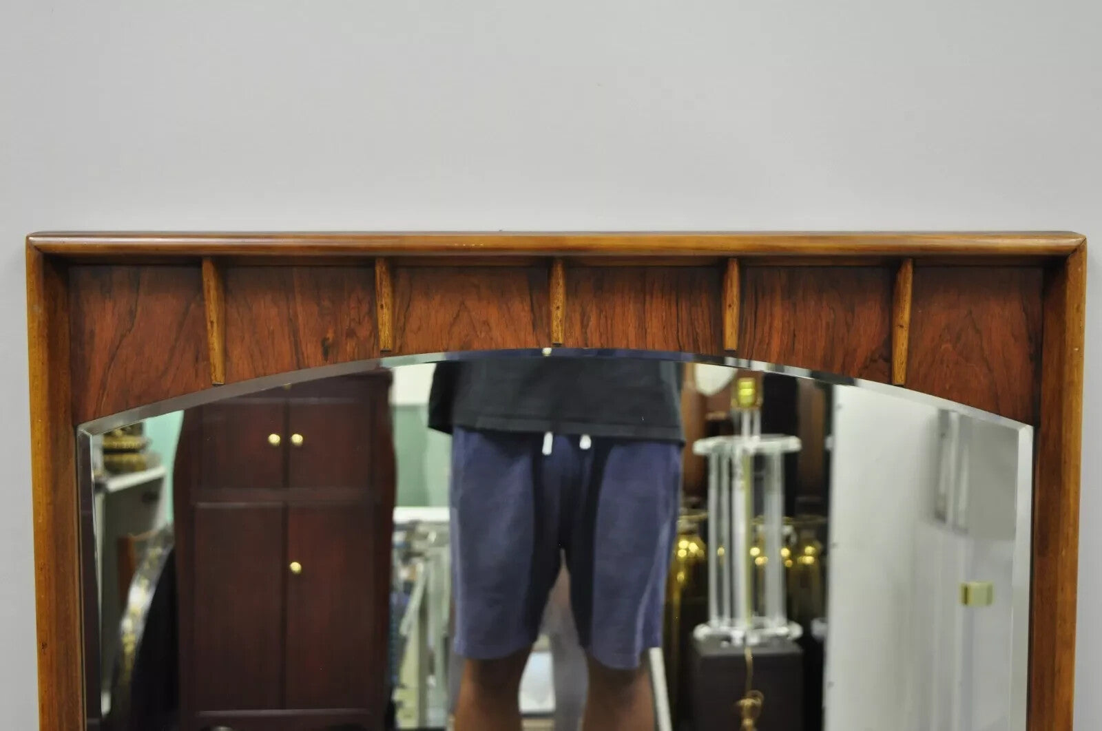 Vintage Mid Century Modern Sculpted Walnut & Rosewood Beveled Glass Wall Mirror