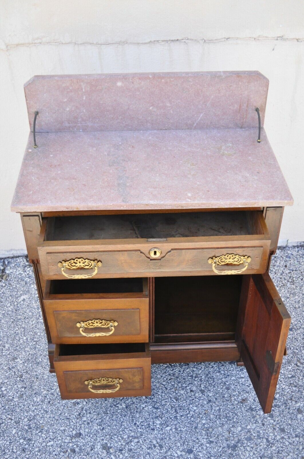 Antique Eastlake Victorian Walnut Washstand Commode with Marble Top Backsplash