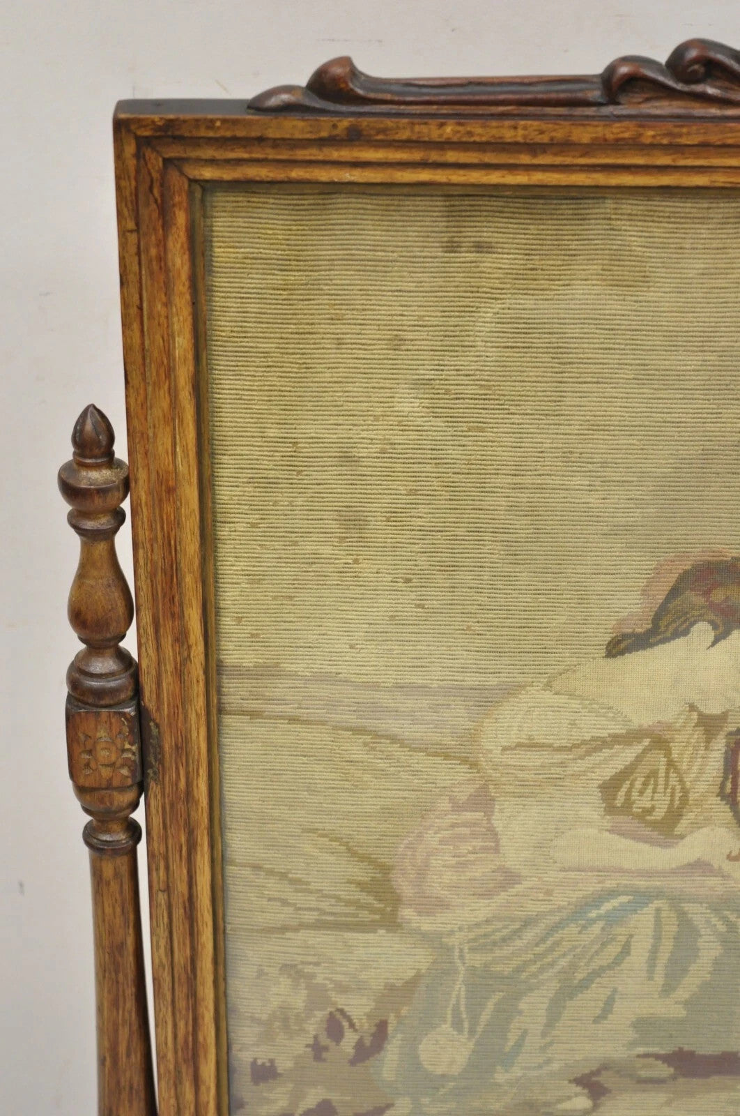 Antique French Victorian Carved Walnut and Needlepoint Fireplace Screen