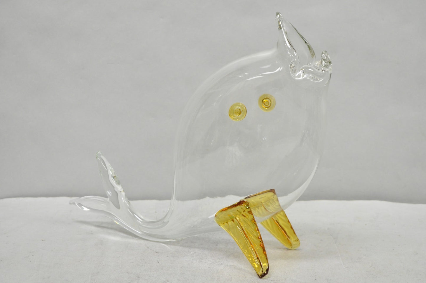 Vintage Mid Century Modern Blenko Style Amber Fin Blown Glass Fish Vase Bowl