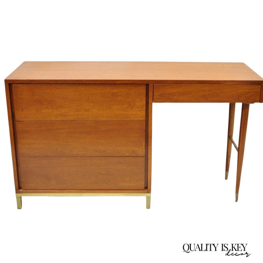Vintage Mid Century Modern Walnut Brass Base Modernist Kneehole Writing Desk