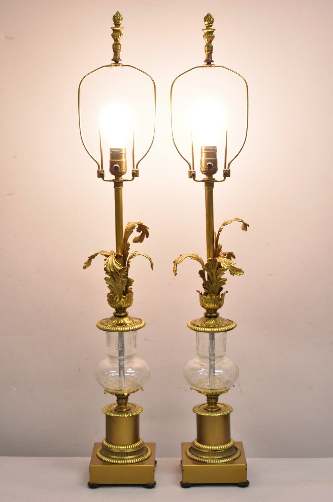 Vintage French Louis XV Style Brass & Crystal Urn Table Lamps - a Pair