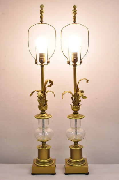 Vintage French Louis XV Style Brass & Crystal Urn Table Lamps - a Pair