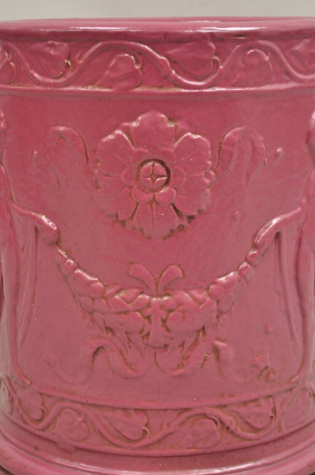 Antique Purple Glazed Stoneware Pottery Italian Classical Putti Shield Planter