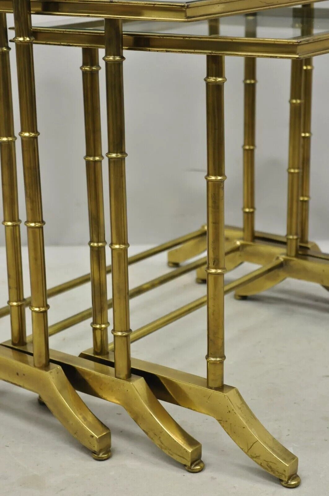 Mastercraft Hollywood Regency Brass Faux Bamboo Glass Top Nesting Side Tables