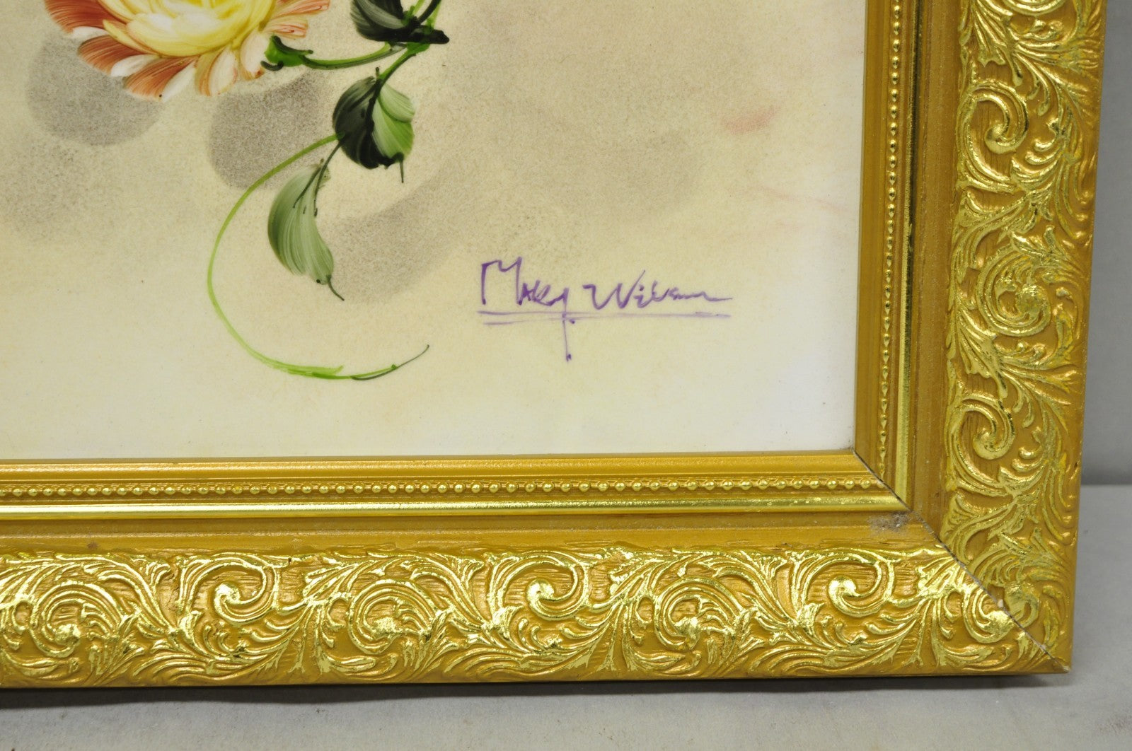 Mary Wilson French Hand Painted Porcelain Plaque Pink Rose Flower Painting (B)