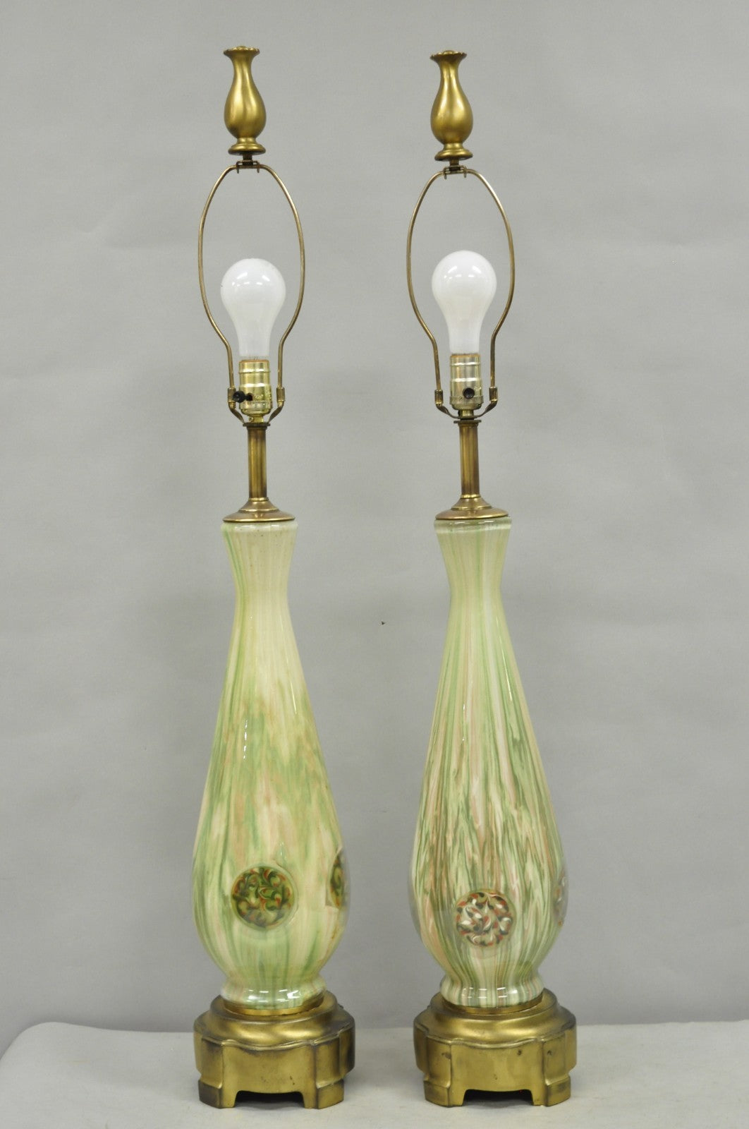 Vintage Mid Century Modern Italian Murano Green Blown Glass Table Lamps - a Pair