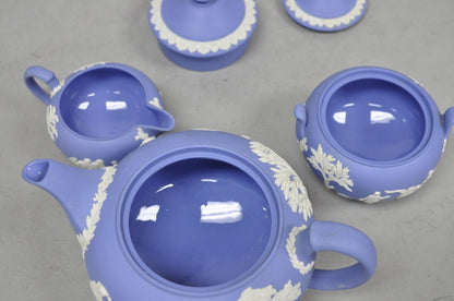 Antique Wedgwood Blue Jasperware Tea Set w/ Tea Pot Creamer Sugar Bowl 3 Pc Set