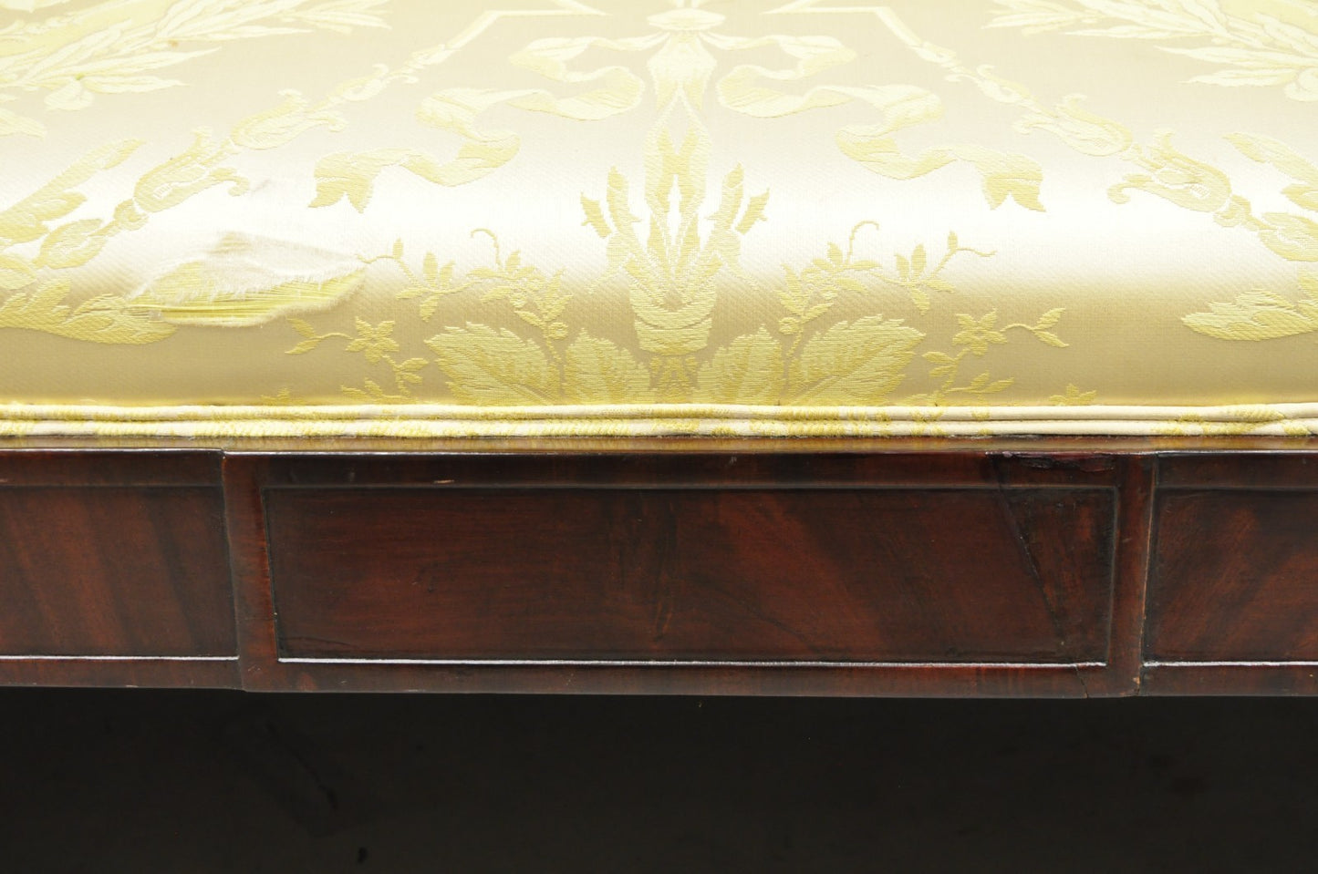 Antique American Empire Neoclassical Carved Mahogany Sofa with Gold Fabric