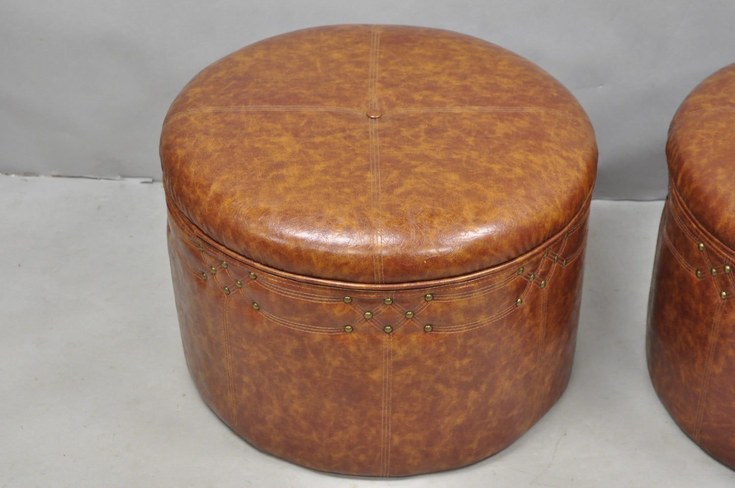 Contemporary Modern Moroccan Style Brown Faux Leather Round Storage Ottoman Pair