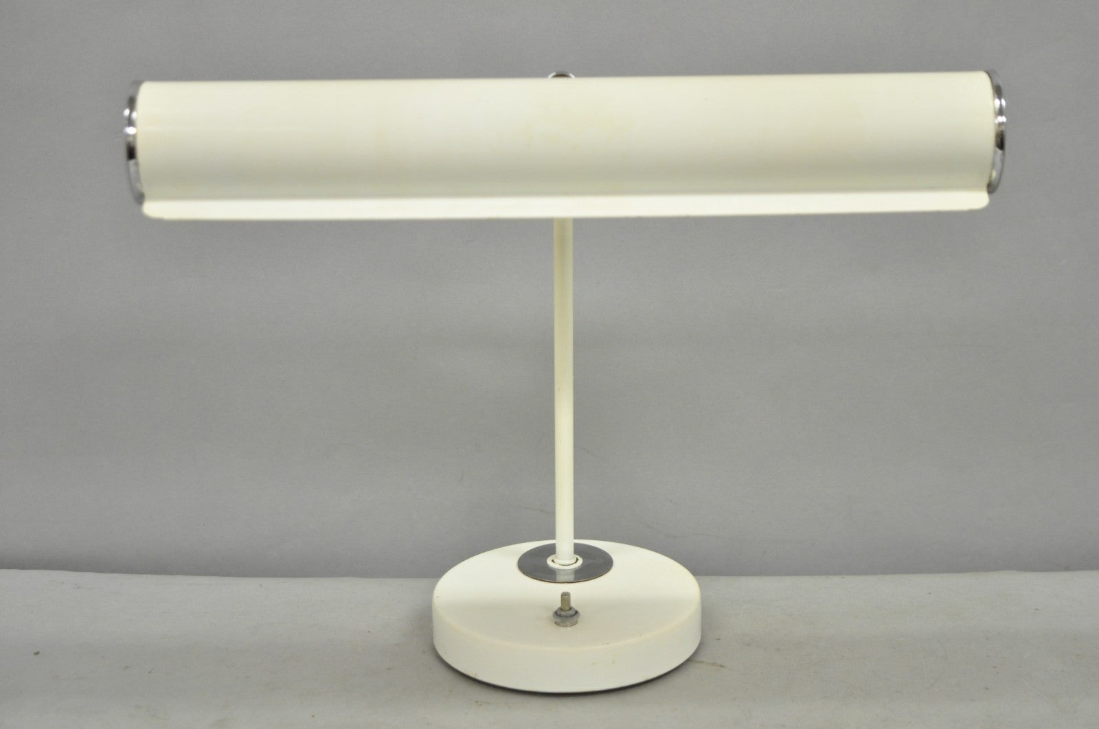 Vintage Mid Century Modern White Enamel Metal Arch Desk Lamp w/ Chrome Accents