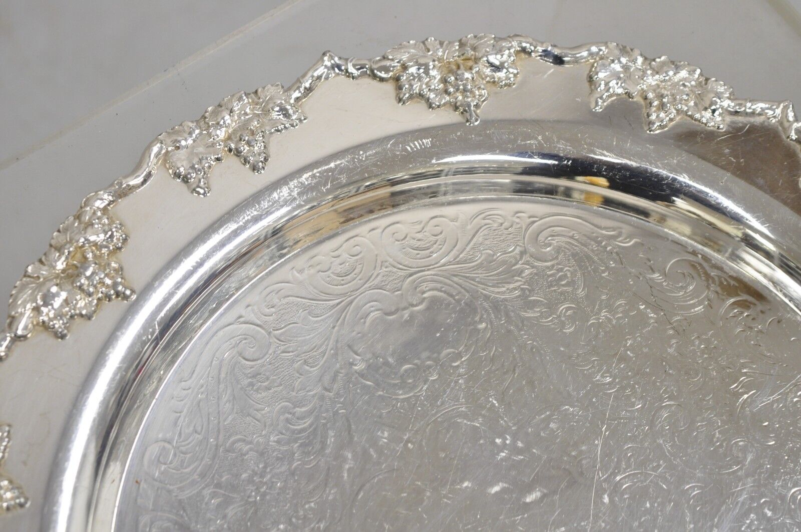 Antique English Victorian Silver Plated Grapevine Round Serving Platter Tray