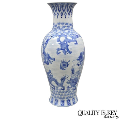 Vintage Blue and White Delf Style Porcelain Chinese Export 25" Tall Dragon Vase