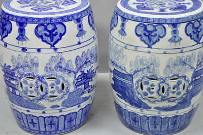Vintage Chinese Oriental Blue & White Porcelain Garden Drum Seat Table - a Pair