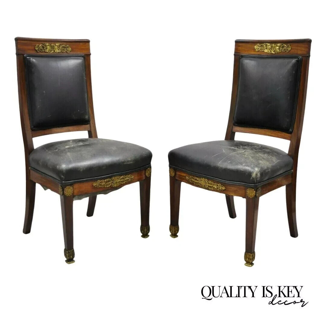 Antique French Empire Mahogany Side Chairs w/ Neoclassical Bronze Ormolu - Pair