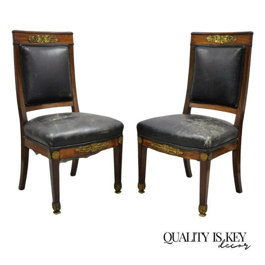 Antique French Empire Mahogany Side Chairs w/ Neoclassical Bronze Ormolu - Pair