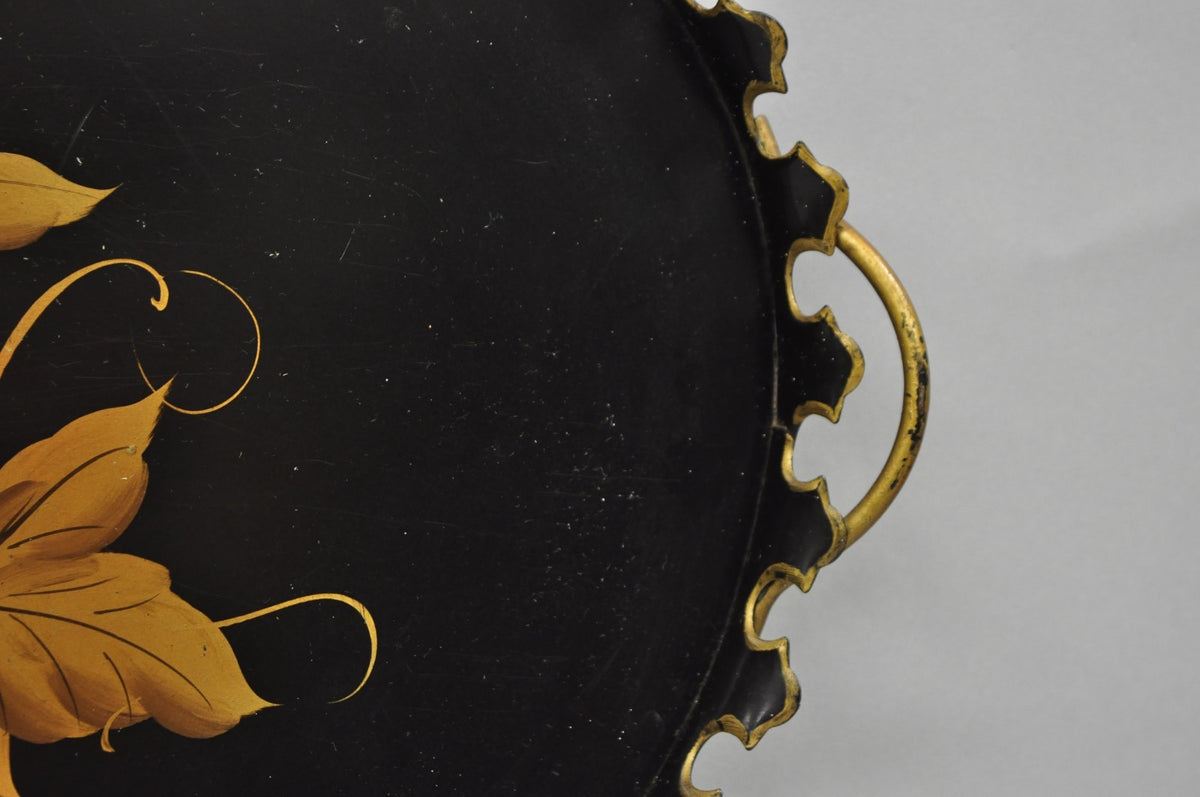 Vintage French Country Black and Gold Hand Painted Oval Toleware Serving Tray