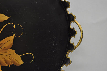 Vintage French Country Black and Gold Hand Painted Oval Toleware Serving Tray