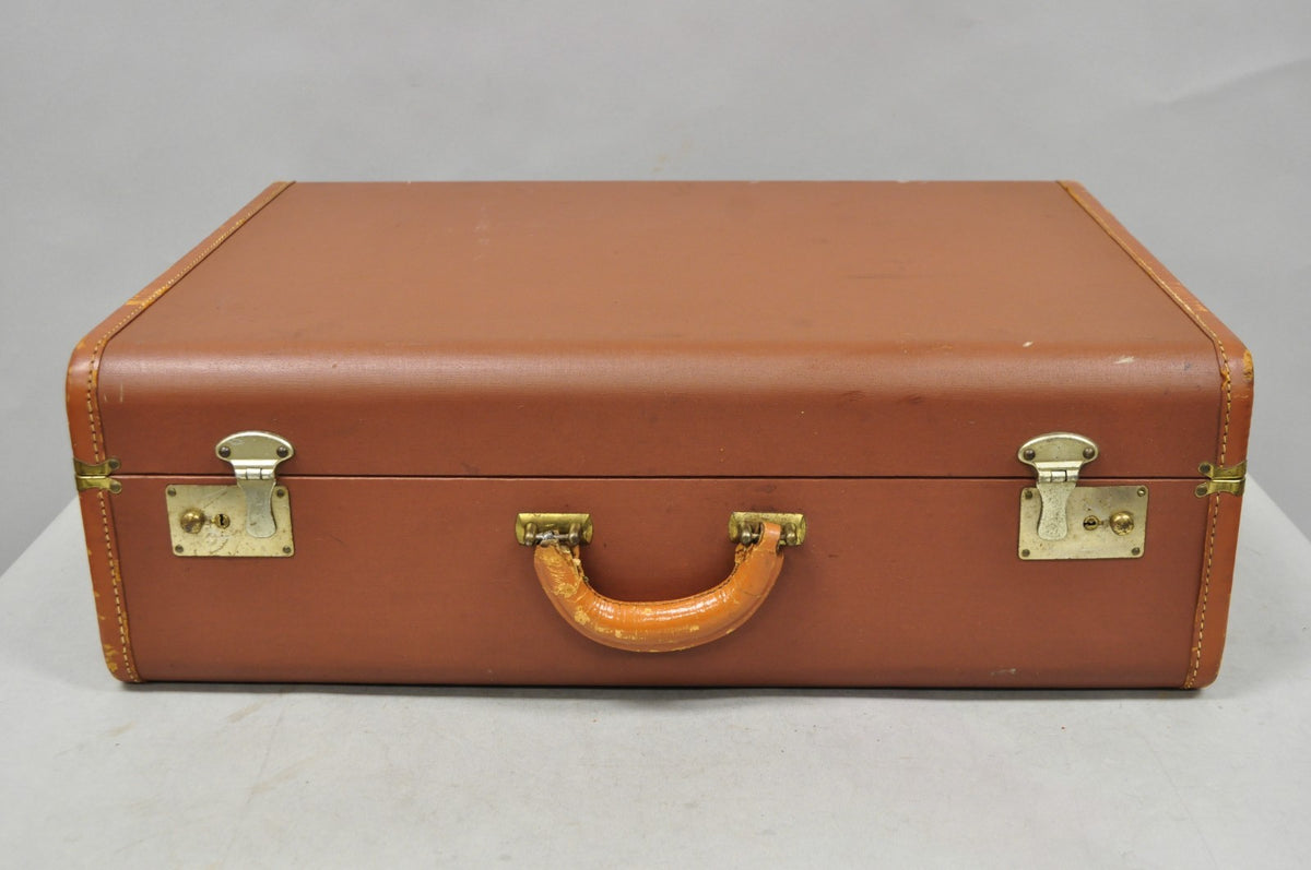 Vintage Art Deco Brown Hard Shell 24" Travel Suitcase Luggage w/ Fitted Interior