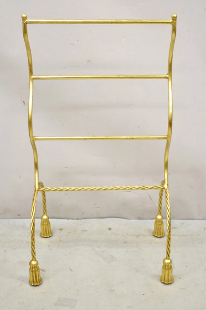 Vintage Italian Hollywood Regency Gold Gilt Metal Iron Towel Rack w/ Tassel Feet