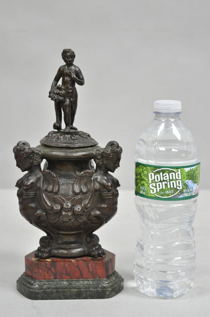 Antique Italian Renaissance Bronze Covered Figural Inkwell on Marble Base