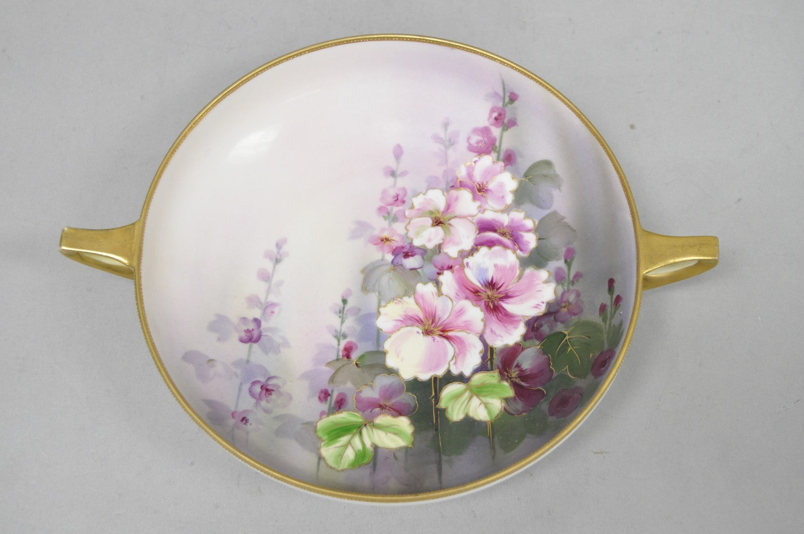 Antique Nippon Hand Painted Pink Wisteria Flower Porcelain Dish w / Handles