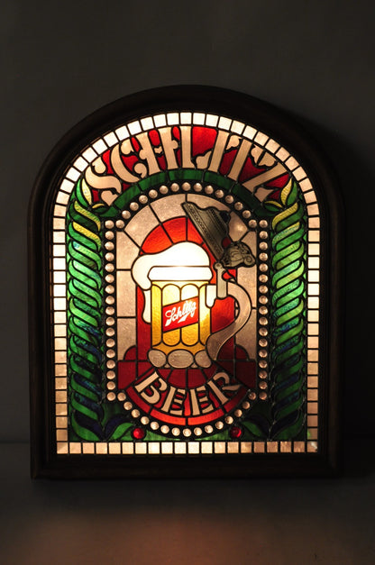 Vintage Schlitz Beer Sign 1980 Lighted Faux Stained Glass Look Advertising Sign
