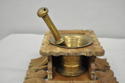 Antique Arts & Crafts Apothecary Wood Carving Wall Mounted Brass Mortar & Pestle