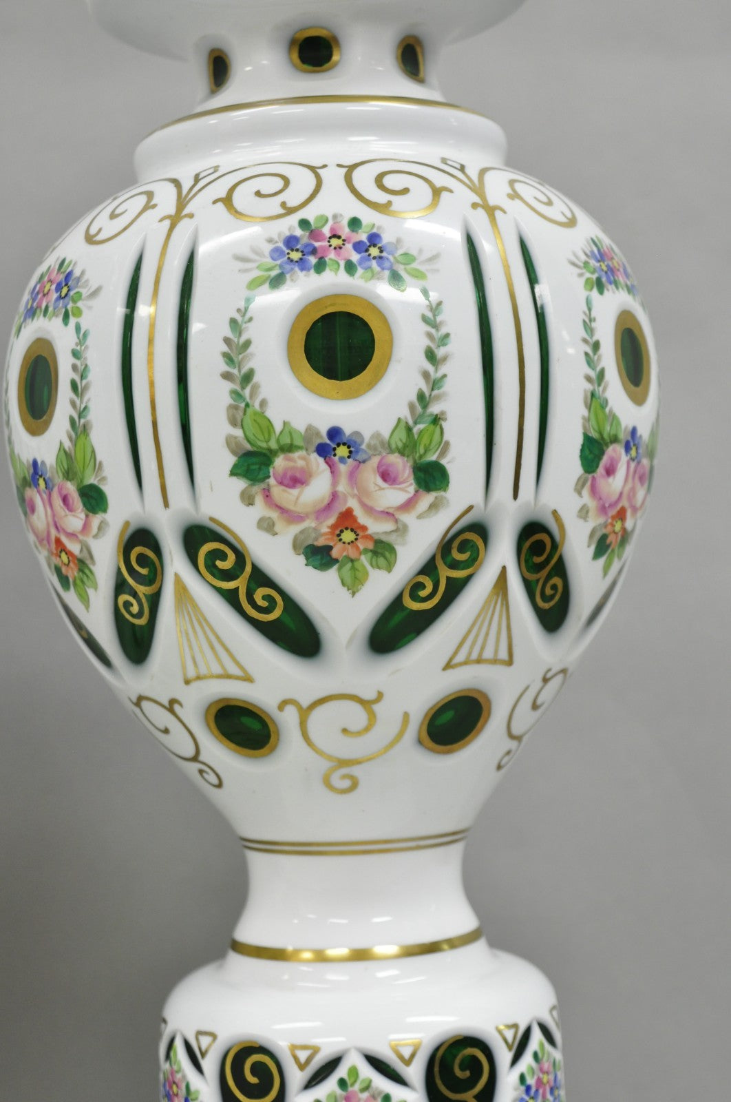 Antique Bohemian Czech Glass Green and White Flower Painted Table Lamps - a Pair