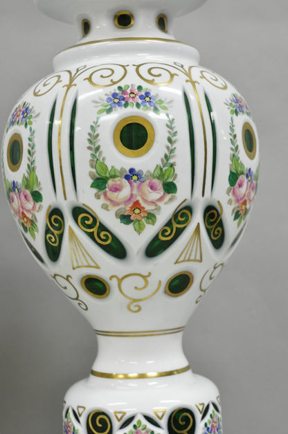Antique Bohemian Czech Glass Green and White Flower Painted Table Lamps - a Pair