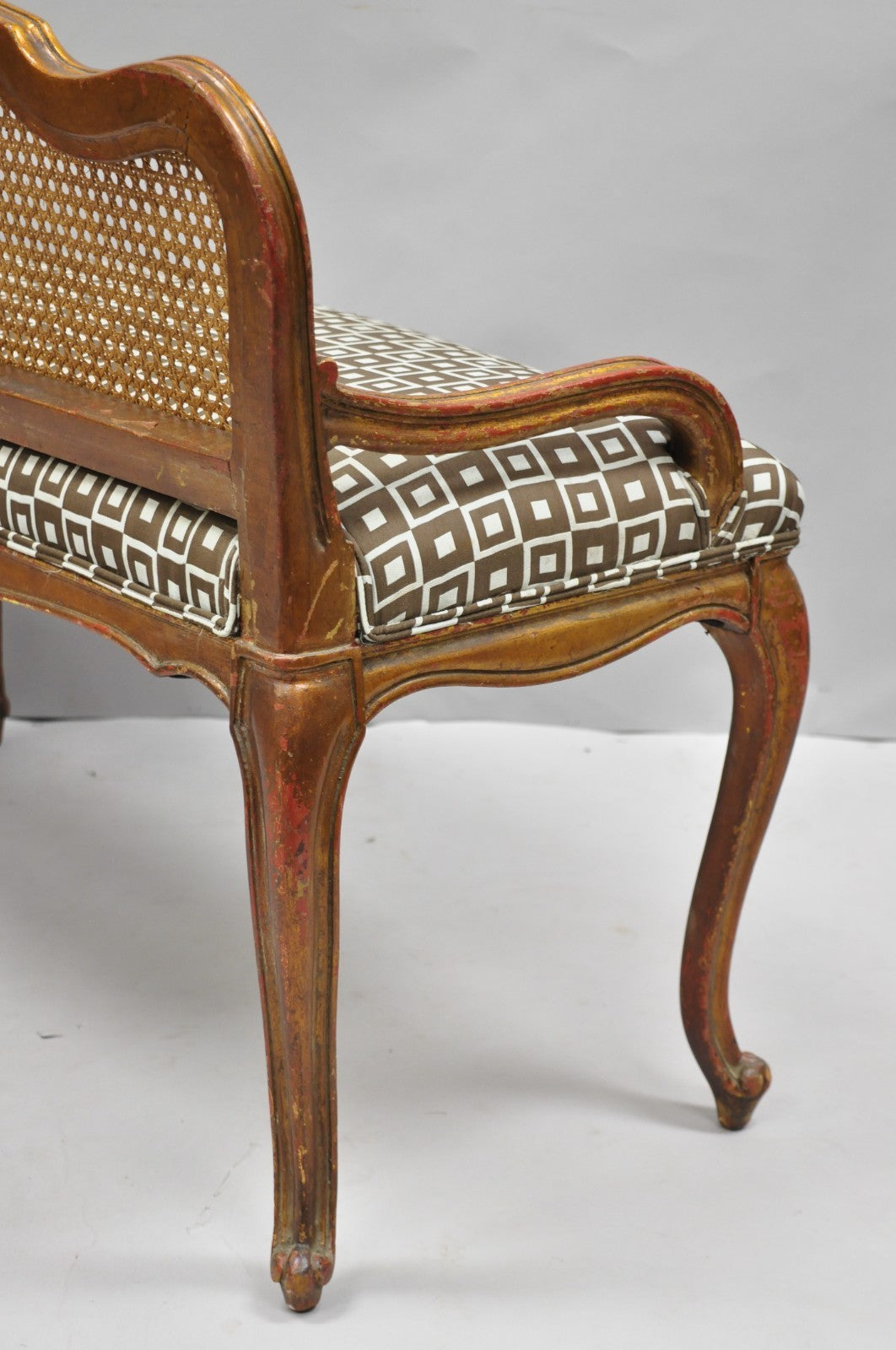 Vintage French Louis XV Style Distressed Gold Gilt Cane Back Vanity Bench Seat