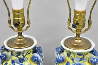 Vintage Chinoiserie Chinese Blue & Yellow Flower Small Porcelain Table Lamp Pair