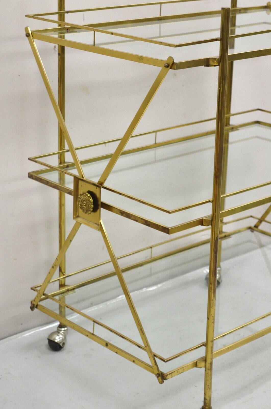 Mid Century Italian Modern 3 Tier Brass & Glass X-Frame Rolling Server Bar Cart