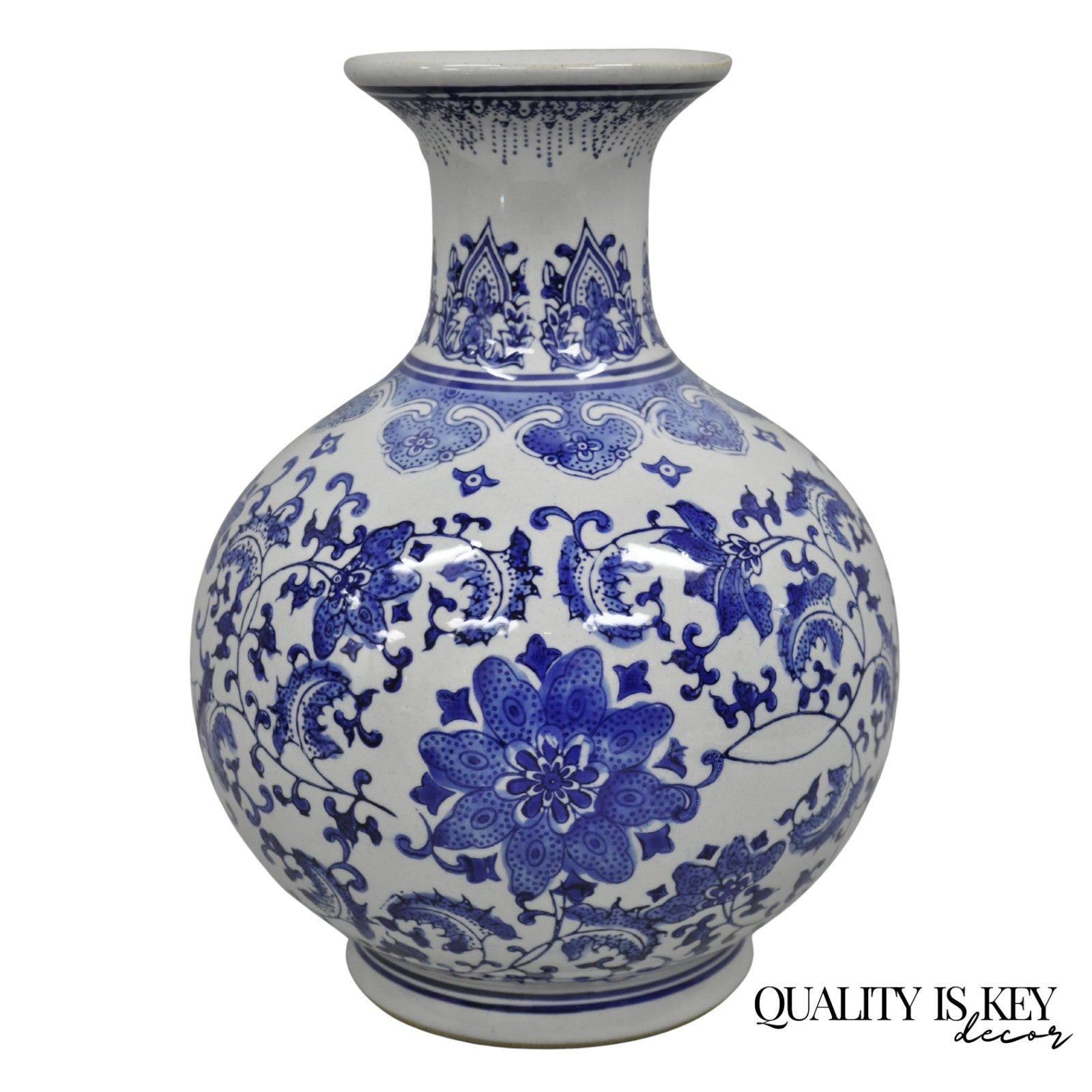 Decorator Chinoiserie Chinese Blue & Gray Porcelain 12" Bulbous Flower Vase