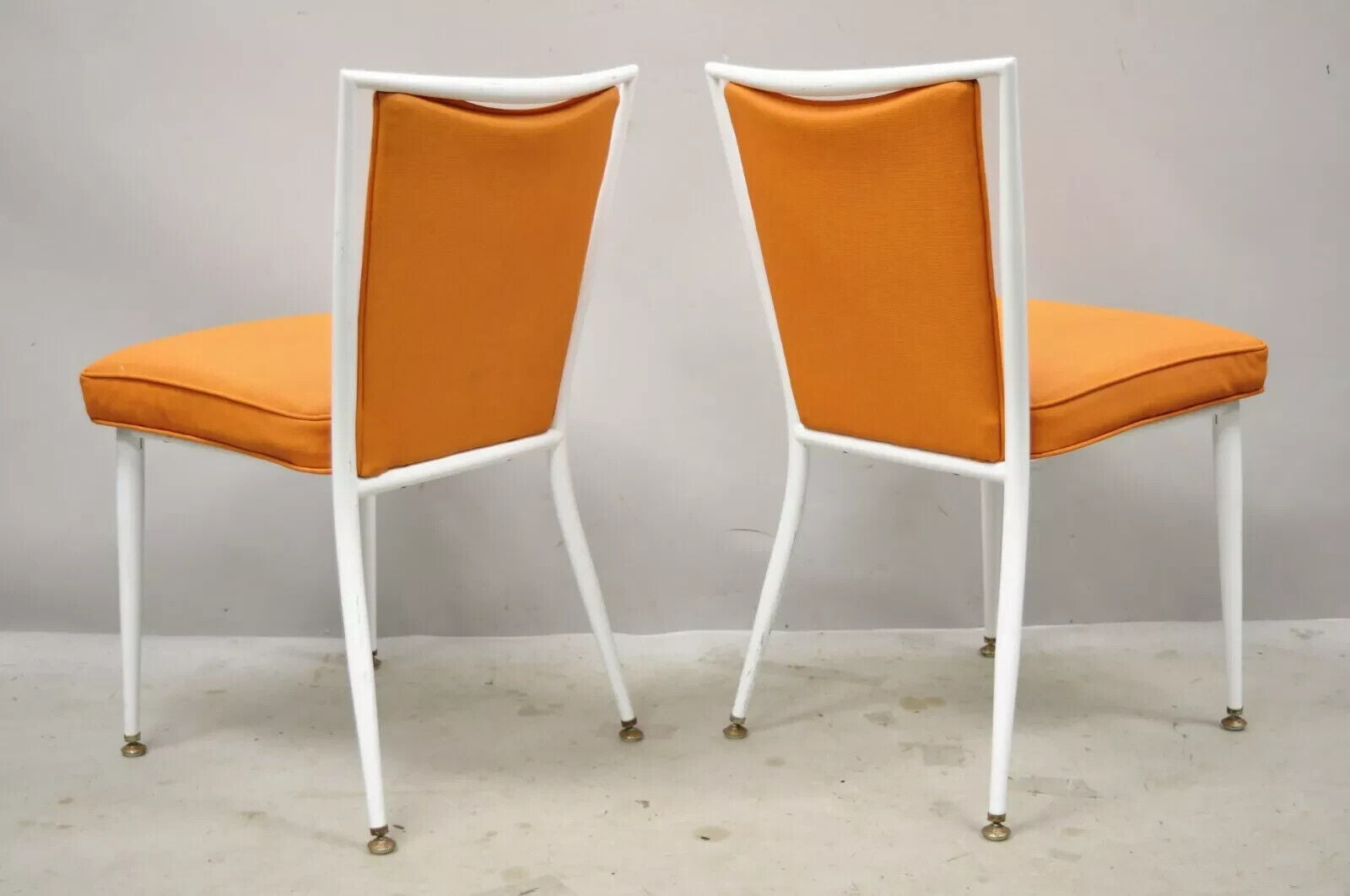 Vintage Mid Century Modern White Steel Metal Orange Dining Side Chairs - a Pair